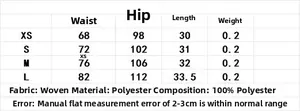 Size chart for polka dot mini shorts with detailed waist and hip measurements in cm