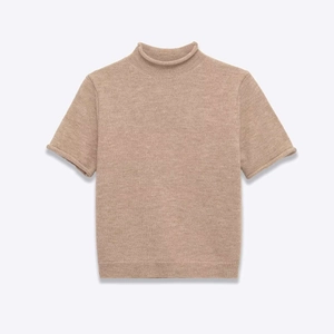 Minimalist beige mock neck short sleeve knit sweater in elegant wool blend finish