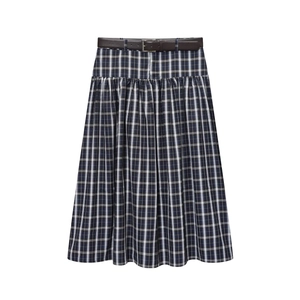 Vintage Navy Blue Plaid Midi A-Line Skirt With Brown Belt Gathered High Waist Casual Office Lady Skirt For Women