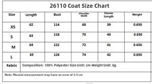Detailed size chart for double-breasted wool coat with measurements in centimeters