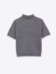 Detail of grey short sleeve knit top with rolled high collar and soft cashmere texture