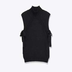 Gilet en Tricot à Col Montant pour Femme Sans Manches avec Nœud Latéral Design Fendu Coupe Ample Couleur Unie Automne Hiver