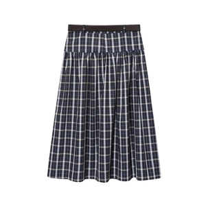 Retro plaid midi skirt with waist belt and pleated details in deep blue checkered pattern