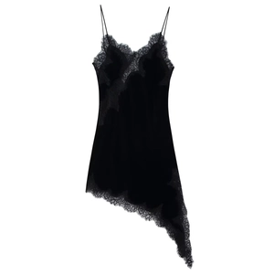 Robe Midi à Fines Bretelles en Velours Noir pour Femme avec Dentelle Ourlet Asymétrique Col en V Soirée
