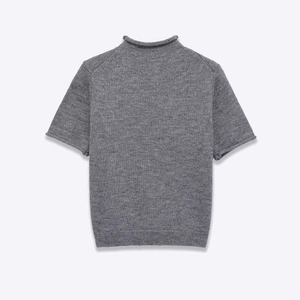 Minimalist high-neck short-sleeve knit sweater in medium grey soft wool texture