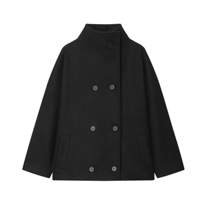 Classic black double-breasted wool coat with high stand collar and oversized silhouette