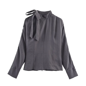 Women Satin Bow Tie Blouse Elegant Stand Collar Long Sleeve Shirt For Office Ladies Charcoal Gray Chic Pullover Top Professional Wear