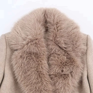 Macro detail of plush faux fur collar and premium wool blend stitching on khaki coat