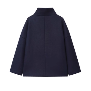 Back view of a navy blue wool-blend coat featuring minimalist cut and drop shoulders