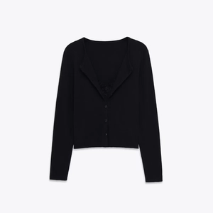 Elegant black knit cardigan with long sleeves and delicate lace collar stitching