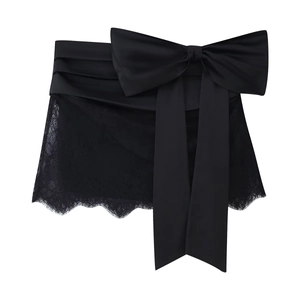 Black Lace Spliced Mini Skirt With Large Satin Bow Side Zipper Pleated Sexy Night Out Clubwear For Women
