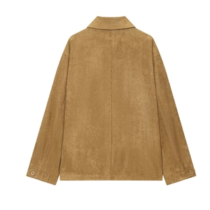 Men's camel faux suede jacket in oversized fit with back view and spread collar style