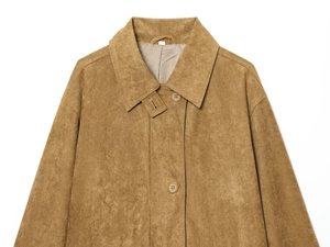 Detailed view of camel suede jacket lapel and button with premium textured fabric