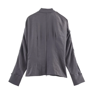 Women's minimalist dark grey knit coat with split sleeves and a high collar back view
