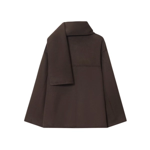 Detail of short dark brown wool coat featuring a matching scarf and soft texture