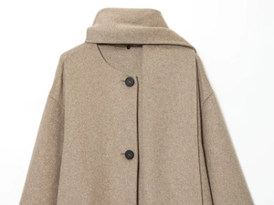 Detail view of earth-toned wool coat featuring a scarf collar and black buttons