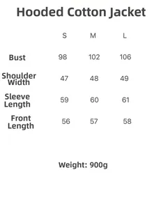 Detailed size chart for the women's hooded jacket showing bust and length measurements