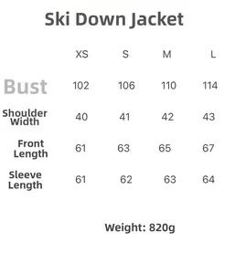 Tableau des tailles avec mesures pour la veste de ski colorée d'hiver avec col montant