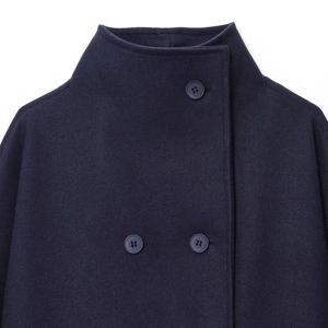 Classic navy blue wool blend double-breasted coat with stand collar and matte buttons