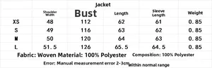 Size chart for faux fur aviator jacket with measurements in centimeters and fabric details