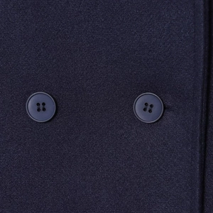 Classic navy blue double-breasted wool coat with premium textured fabric and buttons