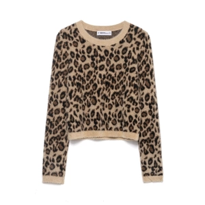 Women Leopard Print Faux Fur Sweater Slim Fit Knitted Long Sleeve U-Neck Pullover Streetwear Fashion Soft Furry Top