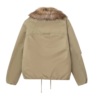 Khaki faux fur collar aviator jacket with adjustable drawstring hem back view