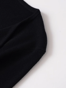 Close-up of shoulder seam and fine knit texture on this black lace panel sweater