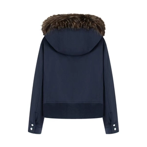 Rear view of a navy blue cropped winter jacket with a brown faux fur hood and ribbed hem