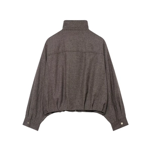 Back view of brown herringbone puffer bomber jacket with gold buttoned cuffs