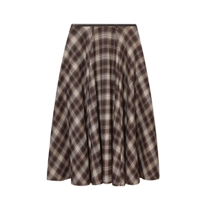 Jupe trapèze vintage à carreaux marron, taille haute élastique, coupe évasée midi