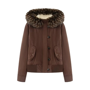 Women's brown hooded winter jacket with detachable fur collar and warm lining