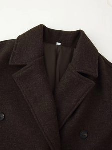 Detail view of the classic notch lapel and texture on a dark brown wool blend coat