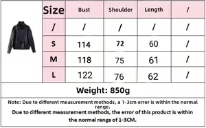 Detailed size chart for faux leather jacket including bust and length measurements in cm