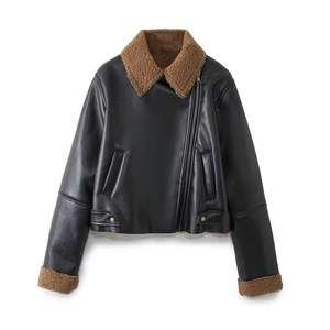 Women's Vintage Faux Leather Biker Jacket With Brown Faux Lamb Wool Collar Thick Warm Winter Moto Coat Outwear Black