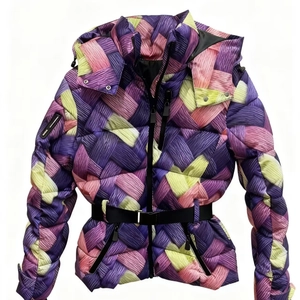Doudoune de Ski à Capuche Femme Imprimé Géométrique Coloré Avec Ceinture Manteau Chaud Hiver Mi-Longue Mode Rembourrée