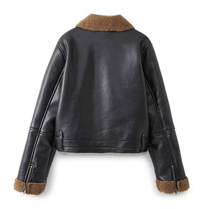 Vintage black faux leather biker jacket with brown faux shearling lining and metal zippers