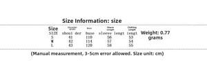 Detailed size chart for faux fur jacket showing shoulder, bust, sleeve, and length