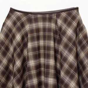 Jupe trapèze taille haute pour femme à carreaux marron avec bordure en cuir fin