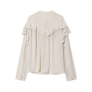 Elegant cream ruffled long sleeve blouse with layered back detailing on white background
