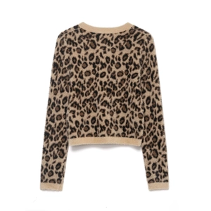Back view of a women's leopard print faux mink cardigan sweater with ribbed hems