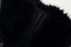 Détail de la texture d'un manteau en fausse fourrure noire avec doublure intérieure lisse