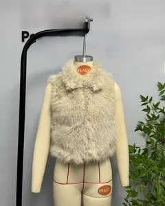 Detailed close-up of a stylish faux fur vest with a fluffy texture and lapel collar