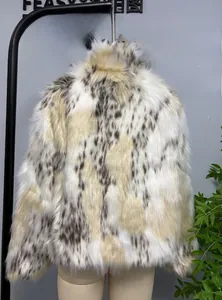 Detailed view of the faux fur leopard print jacket with stand-up collar on a mannequin