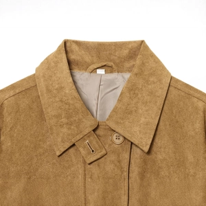 Brown faux suede jacket with notched lapel and button closure for women fashion