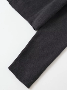 Detailed macro view of fine rib knit texture and premium stitching on grey cardigan sleeve