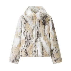 Close-up of fluffy faux fur jacket with realistic lynx pattern and stand collar