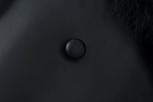 Détails du col en fausse fourrure et texture cuir avec fermeture à bouton recouvert
