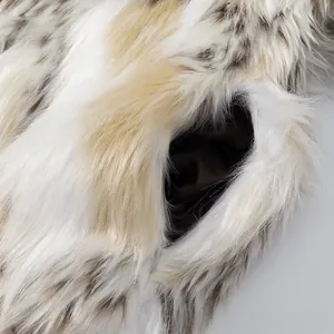 Detailed macro view of faux fur texture and pocket stitching on the leopard print coat
