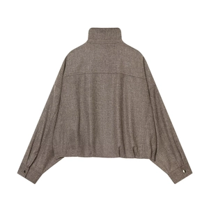 Women's brown herringbone wool bomber jacket with high collar and drop shoulder design